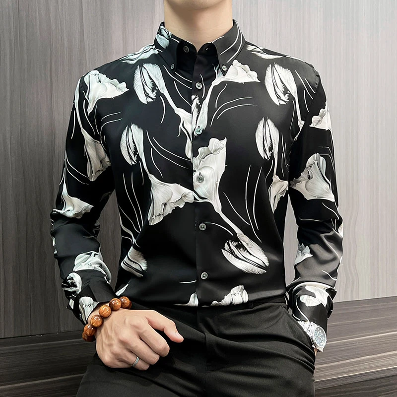 高级感印花男士衬衫长袖韩版修身春秋商务休闲时尚潮流痞帅花衬衣