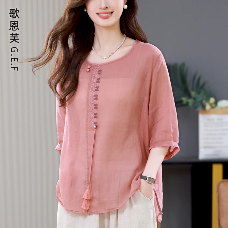 高端苎麻上衣夏季2025新款半袖中年妈妈休闲气质时尚减龄洋气小衫