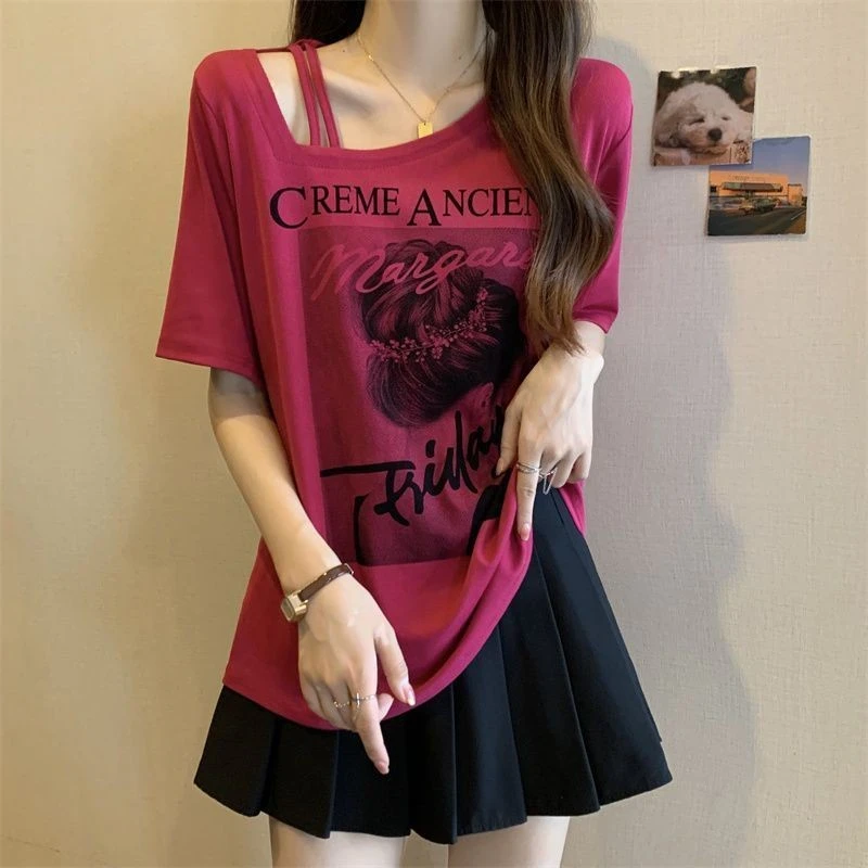 大码女装美式复古短袖t恤女夏季2023新款女装宽松显瘦斜领上衣女