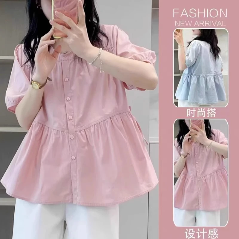 孕妇上衣宽松短袖衬衫女2025夏季新款气质减龄娃娃衫清新甜美小衫