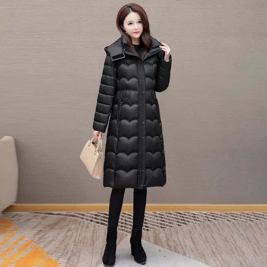 冬季新款妈妈装过膝加厚棉衣女长款连帽羽绒棉服女新年装显瘦棉袄