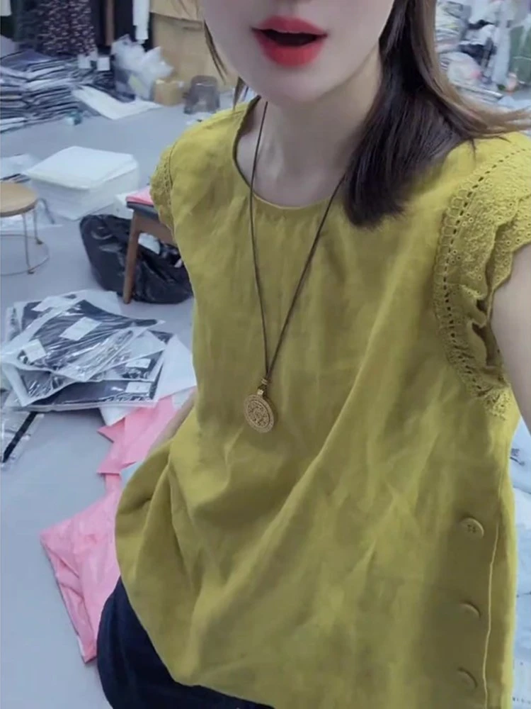 设计感小众蕾丝边无袖背心衬衫女装2025夏季新款百搭时尚气质上衣