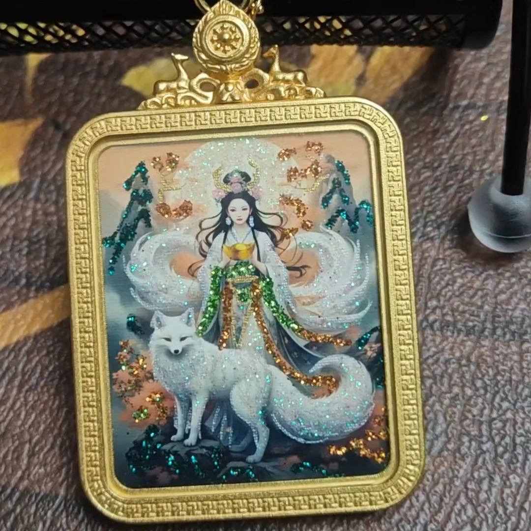 新款双面洒金唐卡九尾狐嘎乌壳狐狸挂件可定制项链吊坠
