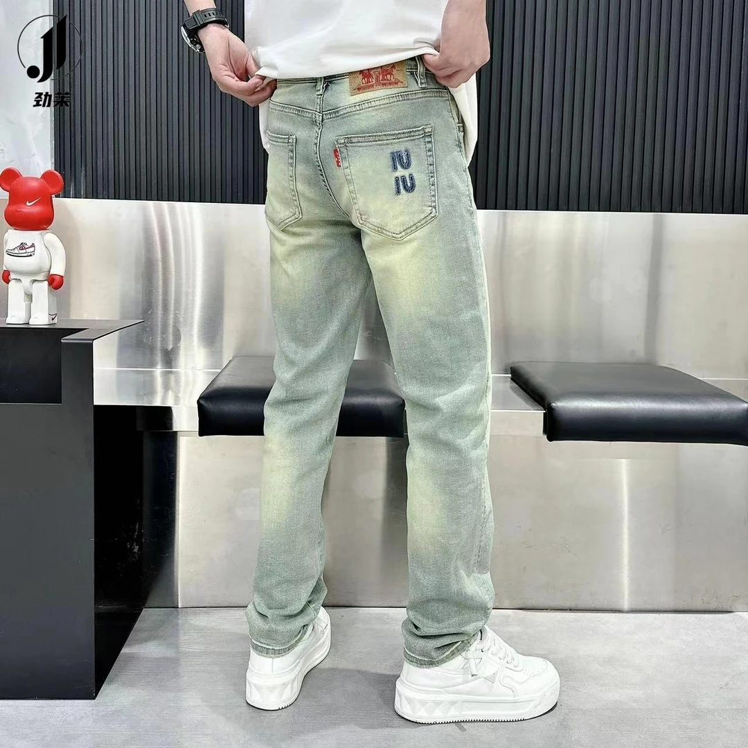 劲莱黄泥染弹力牛仔裤男潮流春秋浅色复古刺绣美式宽松直筒长裤子