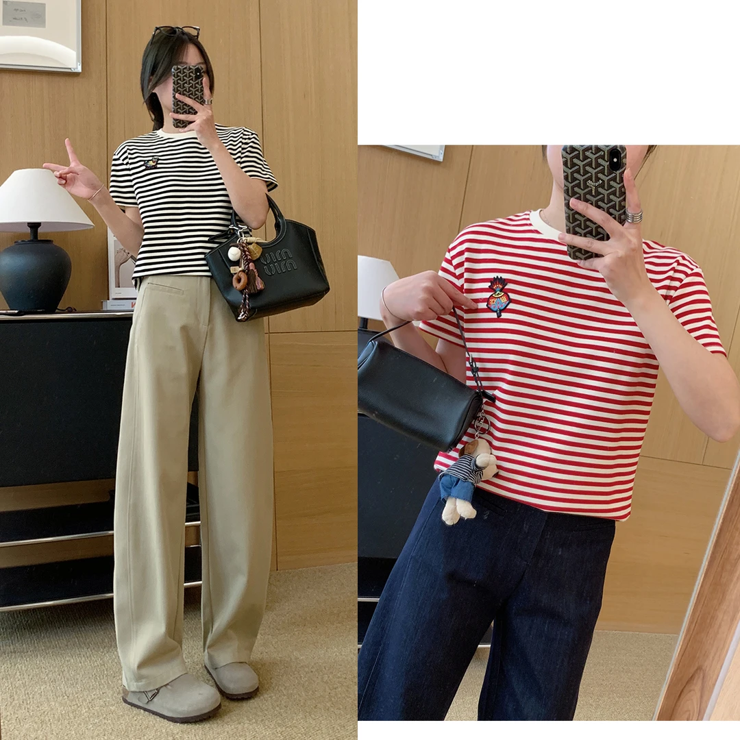 大叮自制【福寿三多系列】早春小禾同款经典刺绣条纹短袖！S5750