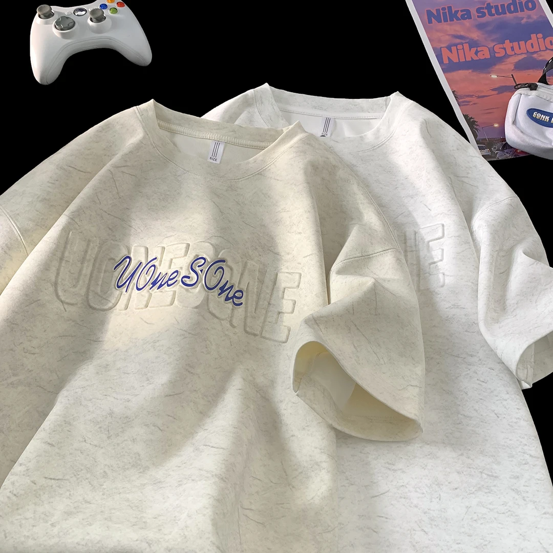 宽松半袖体恤美式潮牌重磅衣服字母钢印短袖T恤男款2025新款夏季