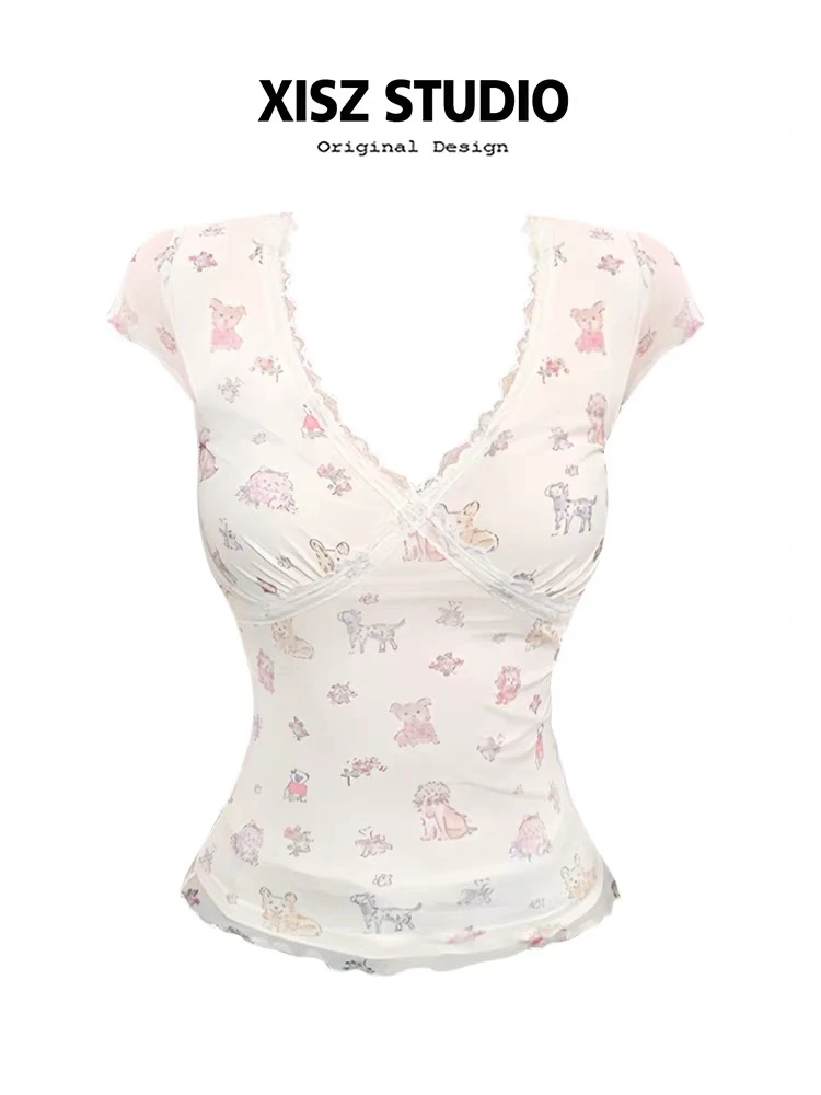 性感风V领萝莉风拼色显瘦蕾丝T恤打底挂脖设计感背心小众夏季