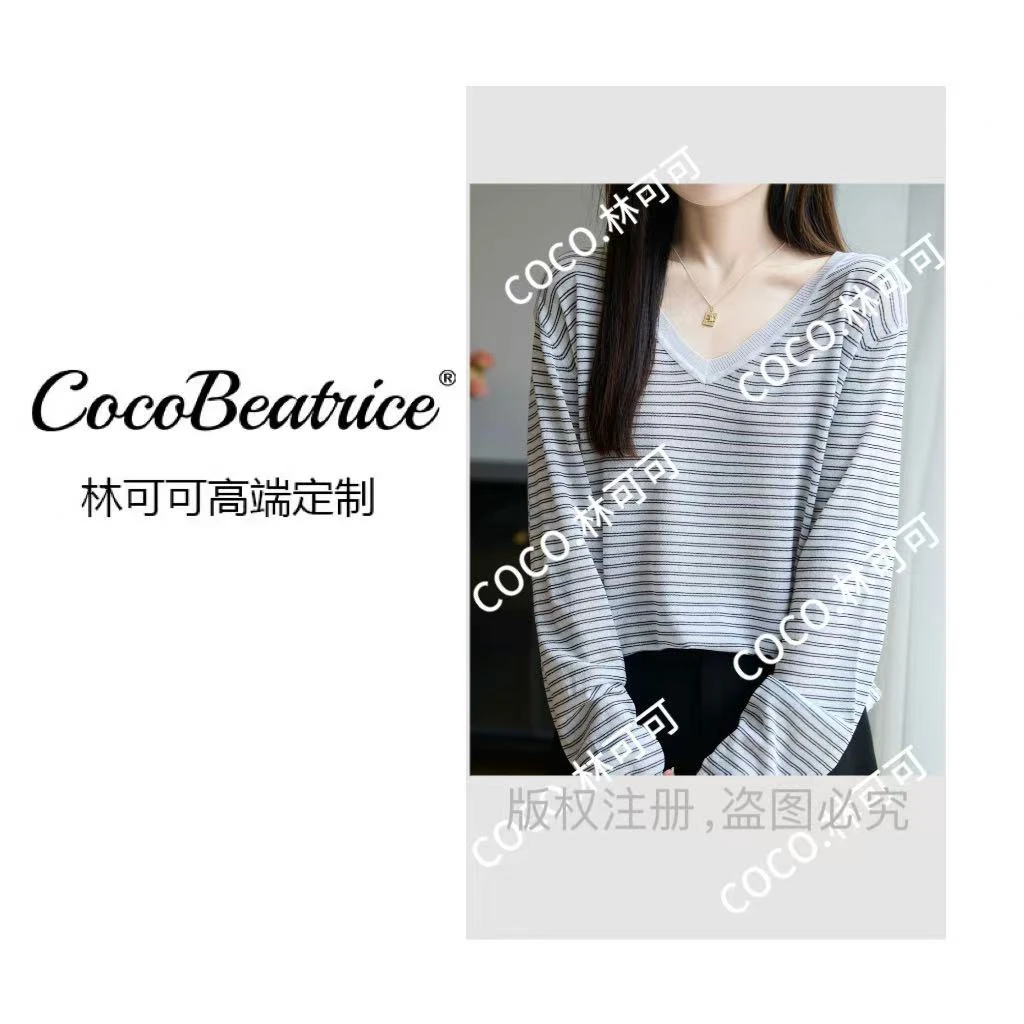 【COCO林可可】早秋新款条纹针织衫上衣女v领薄款打底衫长袖t恤