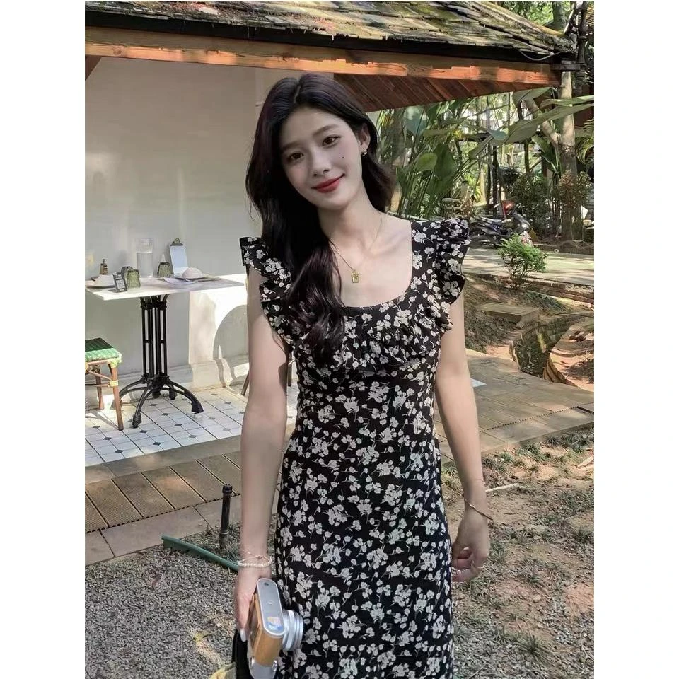 法式飞飞袖黑色碎花连衣裙女夏季新款高腰显瘦气质中长裙子
