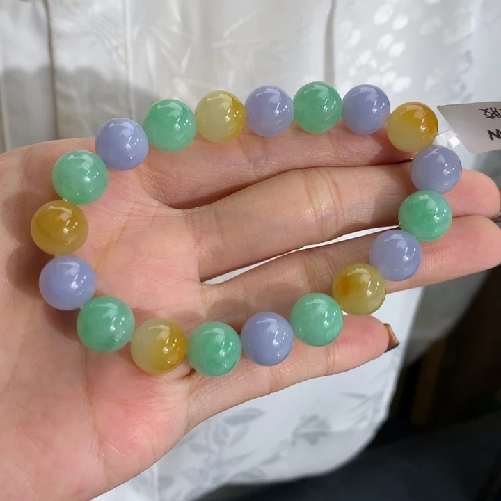****茶翡翠未镶嵌手串卡10细润紫绿黄手串