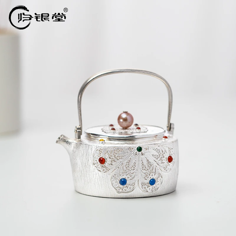 归银堂足银999花舞掐丝提梁壶手工茶壶高端茶壶茶具GS-HSSH250304