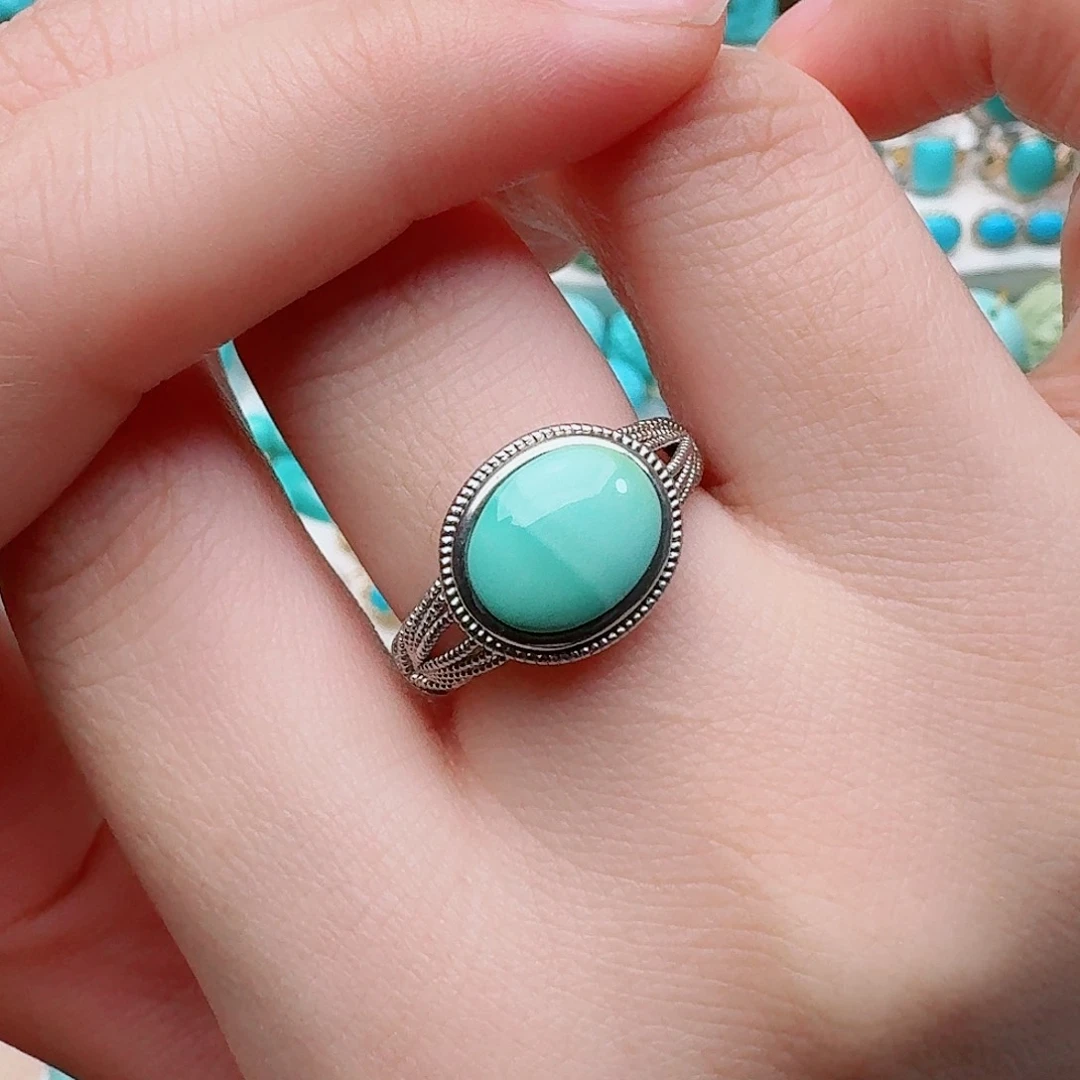 绿松石银S925镶嵌高瓷绿特色水波纹复古戒