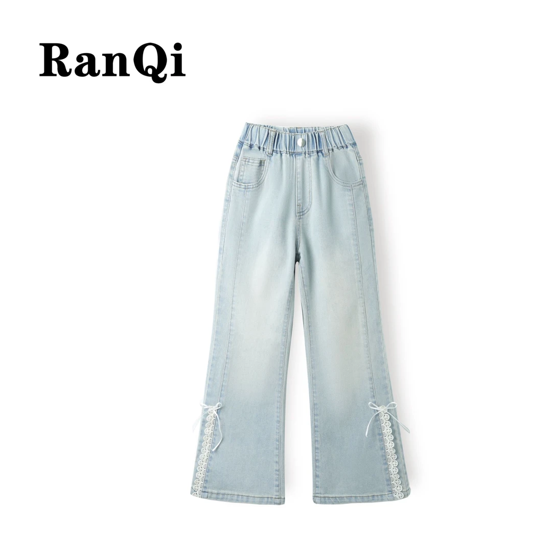 女童牛仔裤夏款2025夏季薄新款裤边蕾丝边款中大童百搭微喇裤A066
