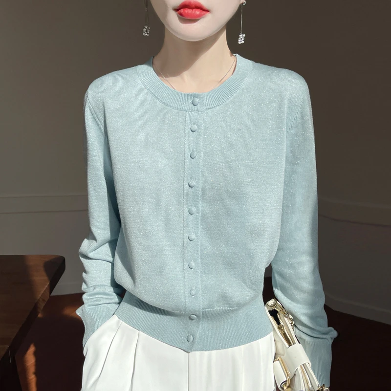 【春季BI入】精纺羊毛针织衫女圆领亮丝百搭外套单排扣薄款毛衣