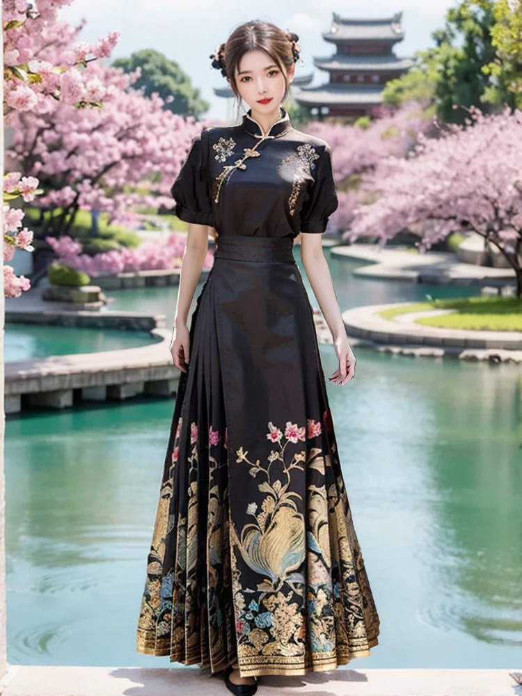 可日常出游穿搭刺绣上衣马面裙套装2025夏季新款短袖衬衣新中式女