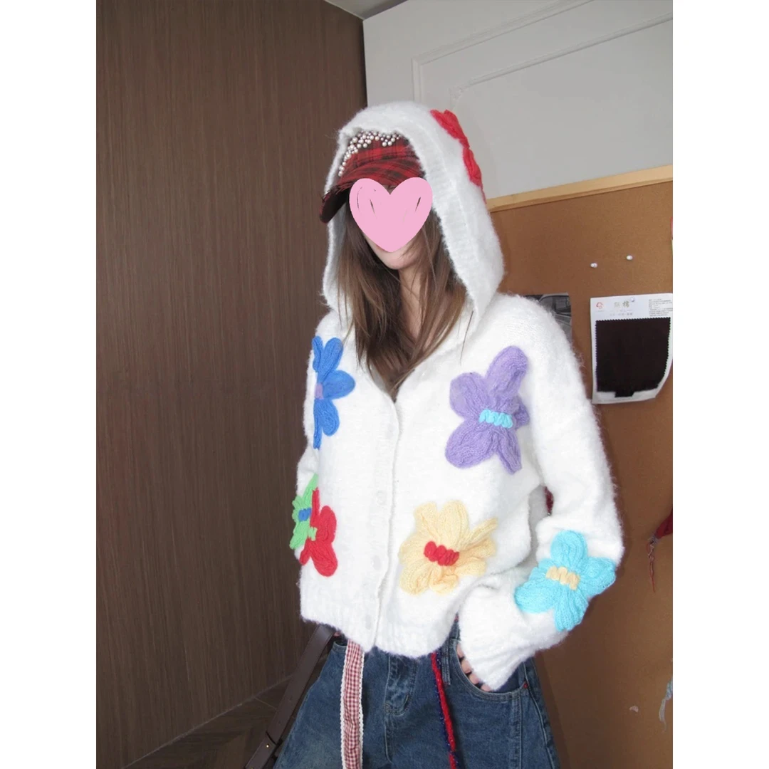 【山野间】小众设计手工立体花朵刺绣慵懒感针织开衫女