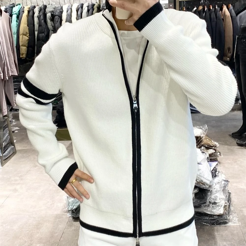 轻奢高品质拼接双拉链针织开衫男2025秋冬季高级休闲修身毛衣外套