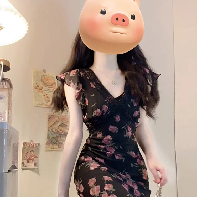 大码玫瑰物语】高级感V领蕾丝拼接碎花连衣裙收腰显瘦气质长裙子