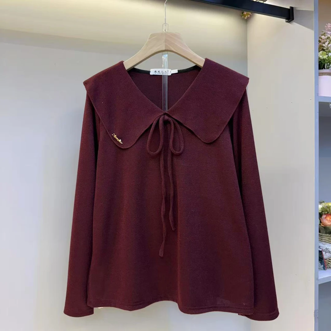 秋冬新款娃娃领系带长袖T恤女减龄气质百搭显瘦内搭