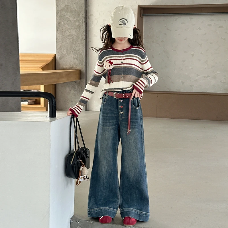 【嘻嘻柚】女童2025秋季条纹针织开衫套装中大童复古毛衣牛仔阔腿裤