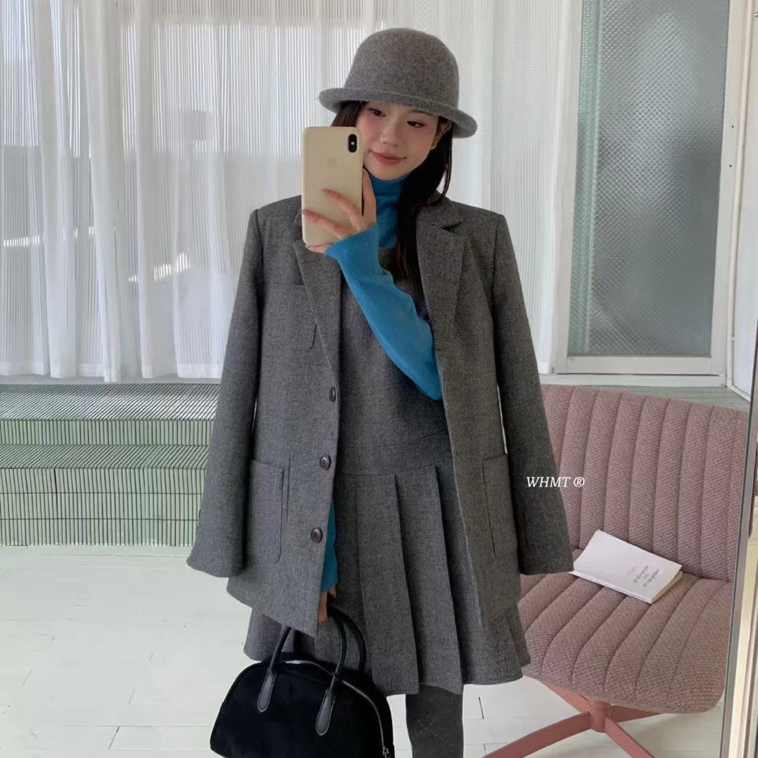 WHMT@1506 （50羊毛）夹羽时髦精致翻领毛呢西装+百褶背心裙套装