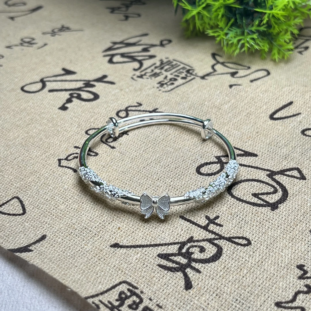 足银手镯 A69足银9999手镯蝴蝶结繁花似锦银手镯百搭女款送女友