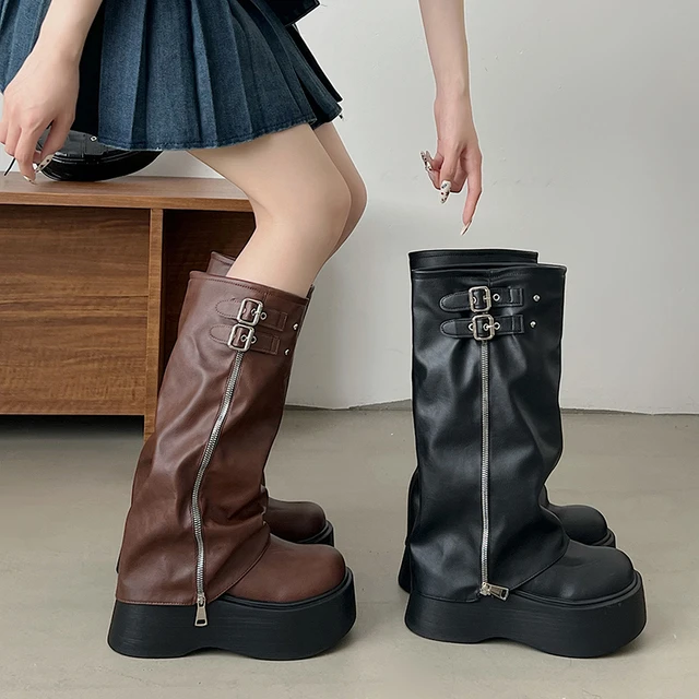 复古棕色小个子厚底长筒靴女高跟夏季靴子显瘦裤管长靴高筒骑士靴