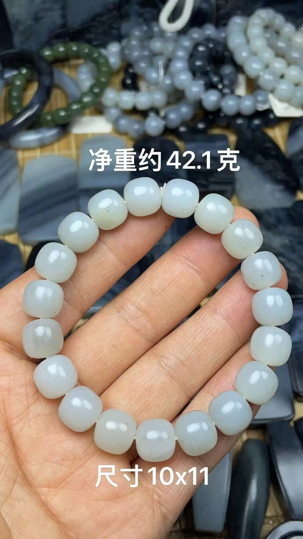 天然和田玉籽 料青花白底墨老型珠单圈手链手串
