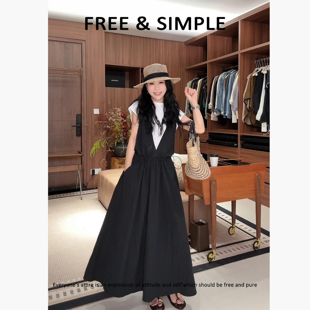 Free&Simple-'月光女神‘2025极简小众设计拼接背带连衣裙-00367