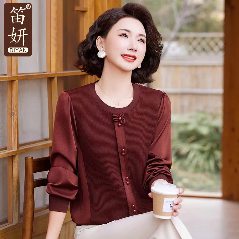 洋气妈妈小衫春秋时尚长袖T恤2025新款中老年女春装针织打底上衣