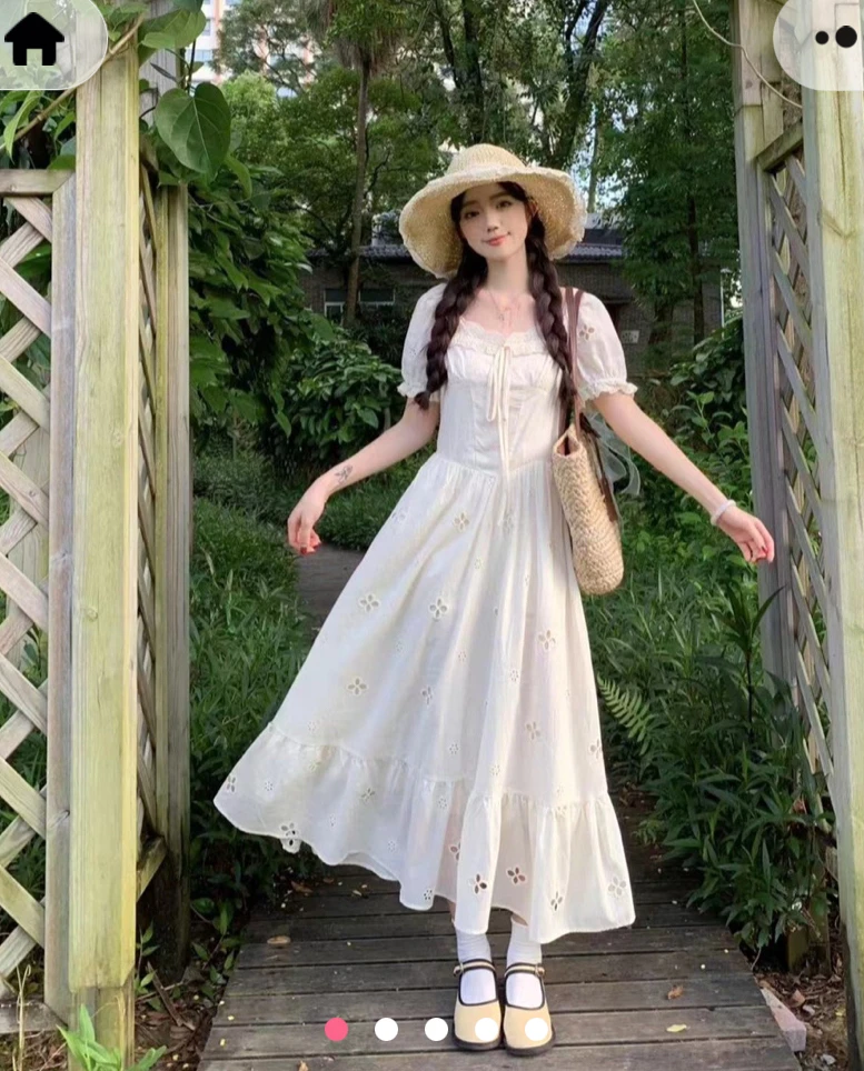 法式风刺绣方领短袖连衣裙女2025夏季新款女装收腰显瘦大摆长裙子