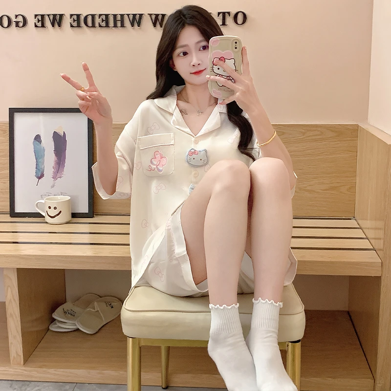 睡衣女夏季冰丝卡通可爱春夏天薄款女生短袖短裤可外穿家居服套装