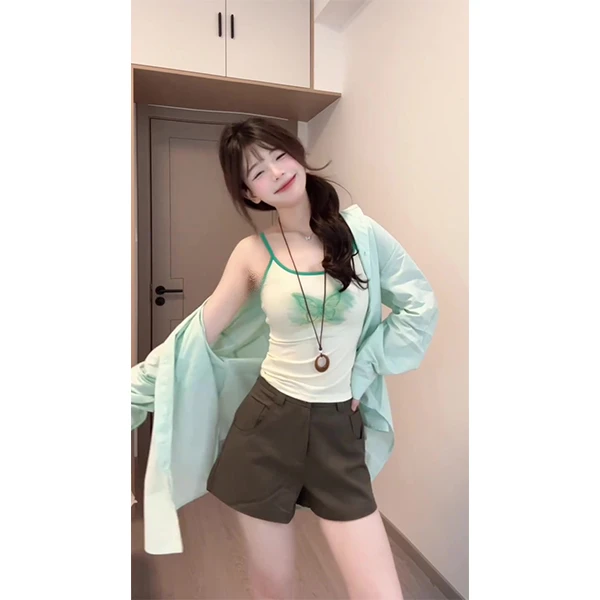 薄荷绿长袖防晒衬衫女休闲宽松显瘦慵懒风翻领外搭上衣三件套装