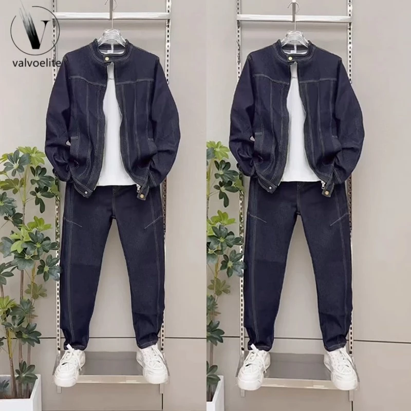 潮流复古牛仔套装男士秋季时尚百搭立领夹克青年痞帅男士纯色立领