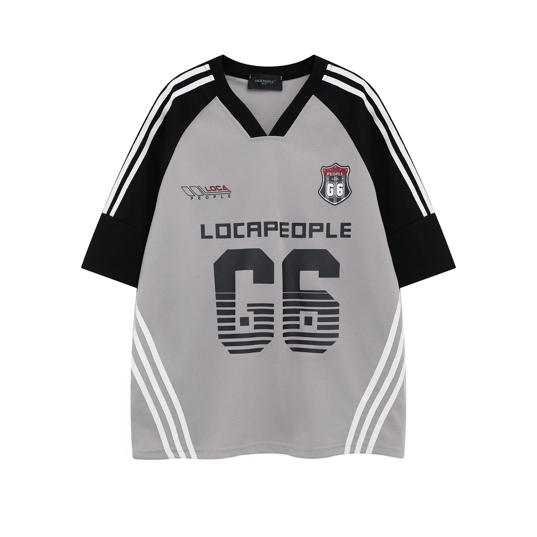 街头字母短袖T恤撞色半袖KODT恤潮流V领拼接夏季时尚印花上衣