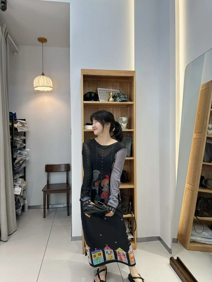 AUBRUINO 原创设计25秋新品手绘波点蕾丝印花动物园娃娃网纱长袖