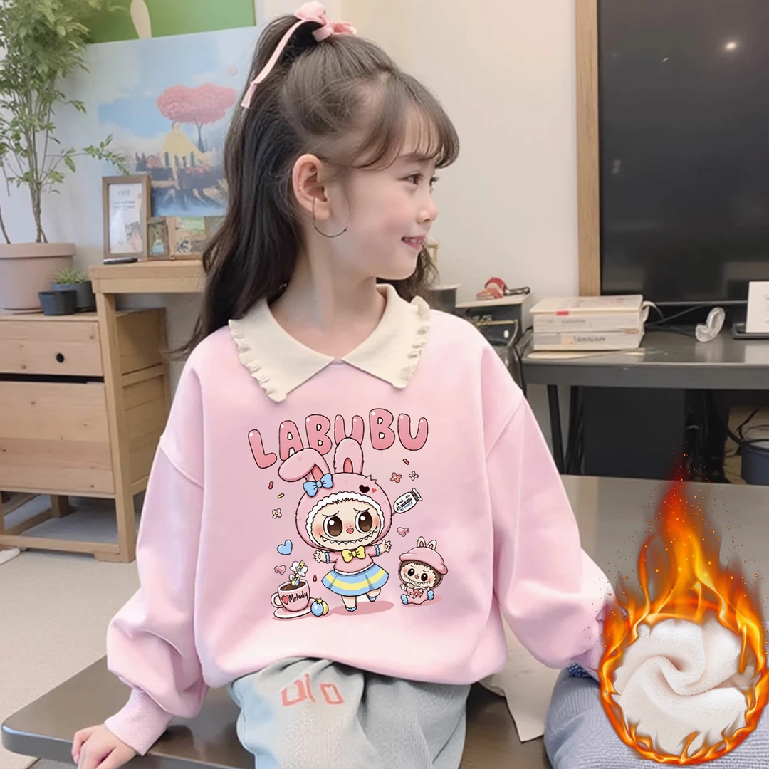 女童纯棉加绒拉布翻领卫衣25秋冬款儿童装小女孩宝宝加厚保暖上衣