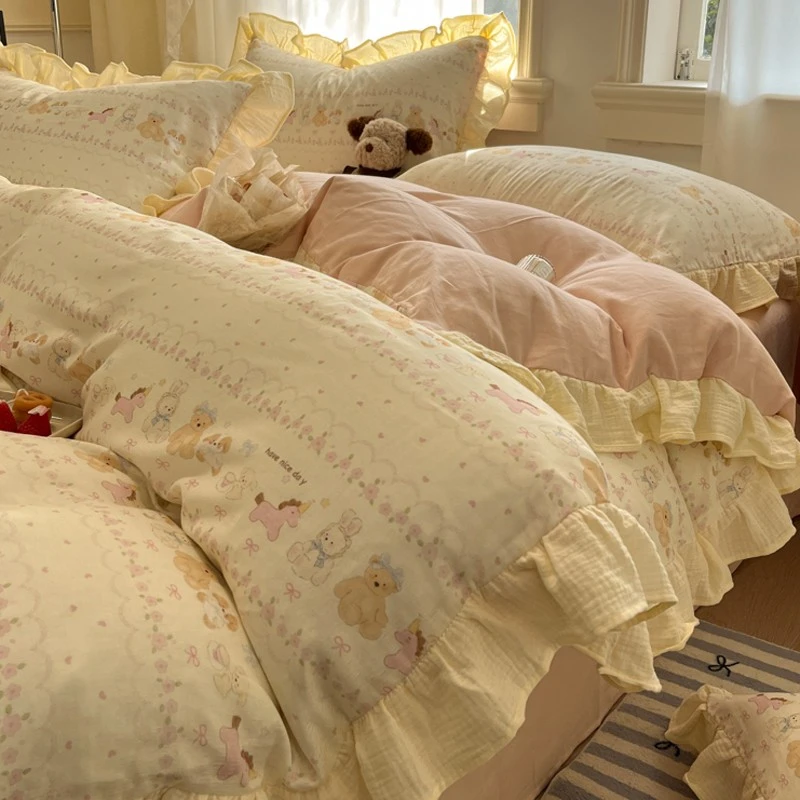 法式全棉双层纱床上四件套2025新款纯棉皱皱纱床品被套床单三件套