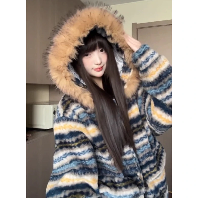 撞色费尔岛毛绒条纹夹棉衣男女冬季cleanfit加厚保暖毛领连帽外套