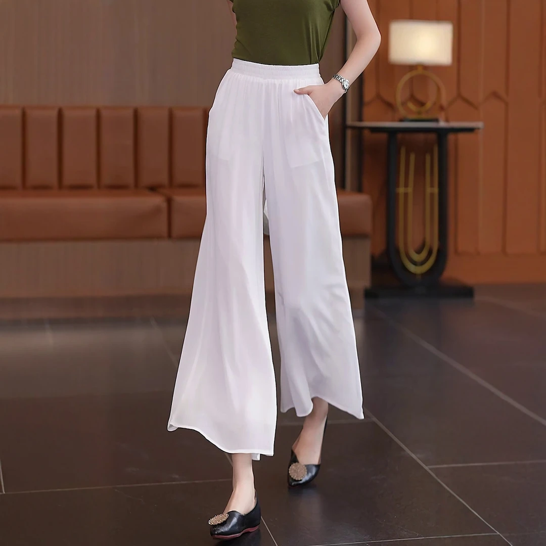 雪纺白色裤子女夏薄款2025新款冰丝裙裤高腰宽松垂坠感阔腿九分裤