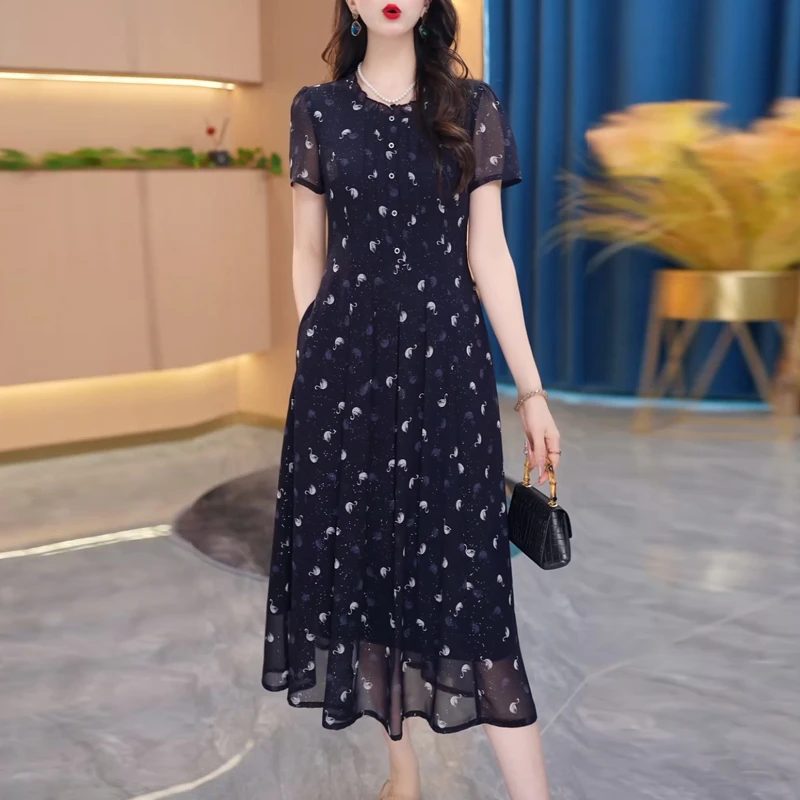 高端精致印花优雅连衣裙2025夏季新款修身显瘦洋气减龄中长款裙子