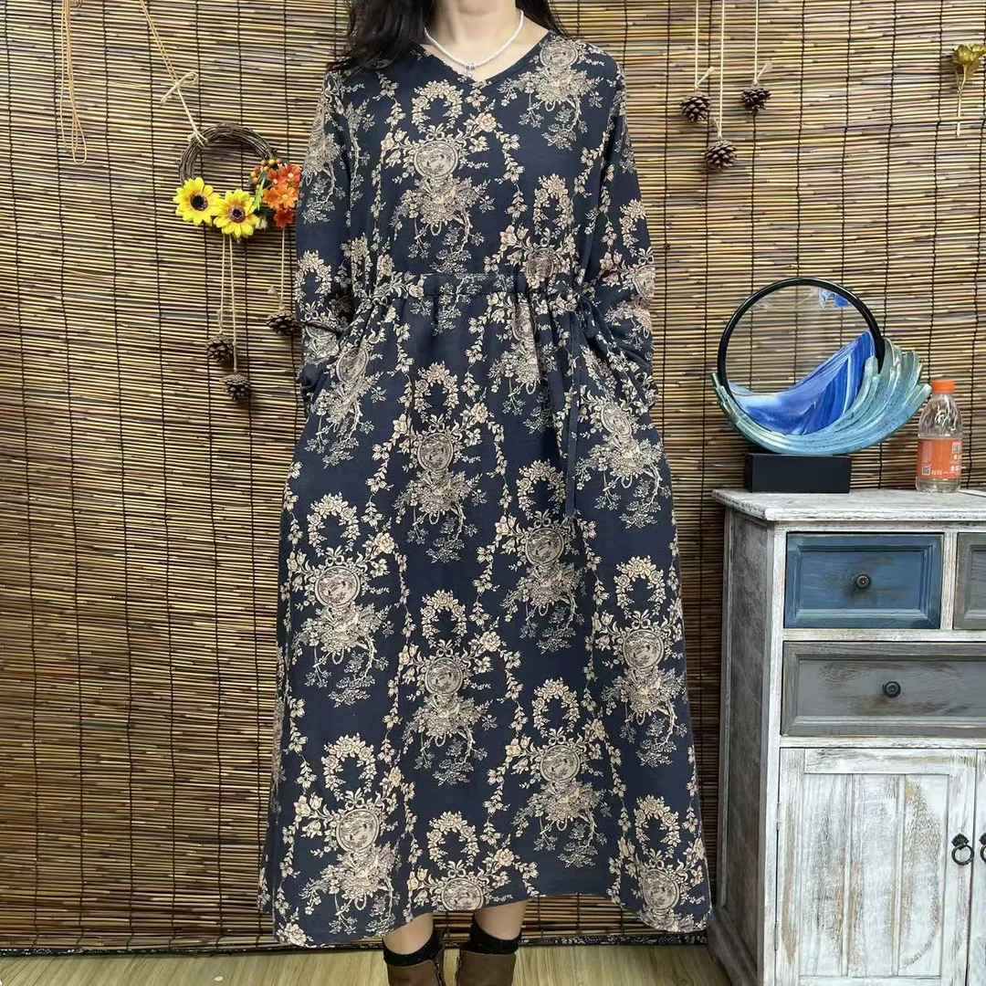 8891新款优雅显瘦V领抽绳深藏青底卡其民族风长袖大摆连衣裙时尚
