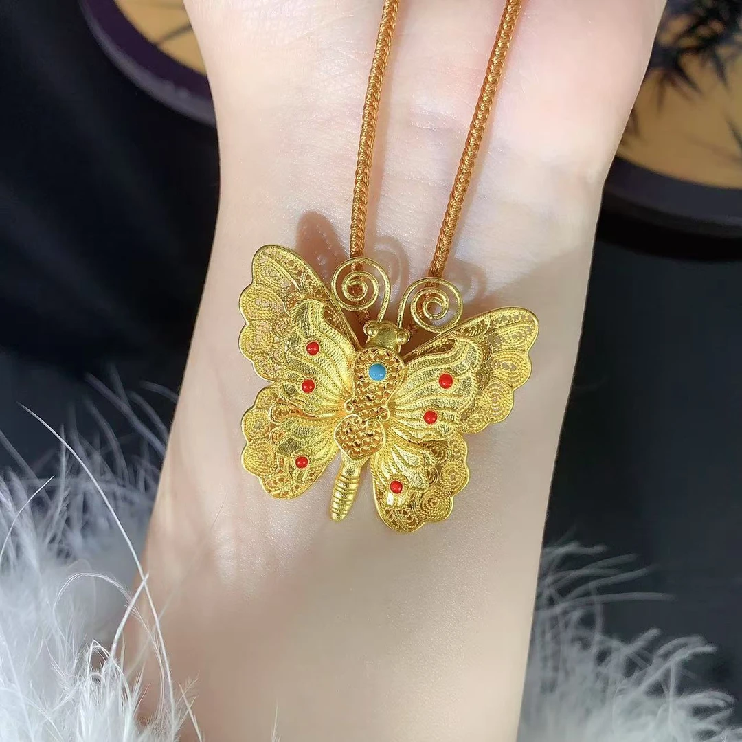 【伟新源】足金999 古法工艺 烧蓝蝴蝶吊坠16.35克