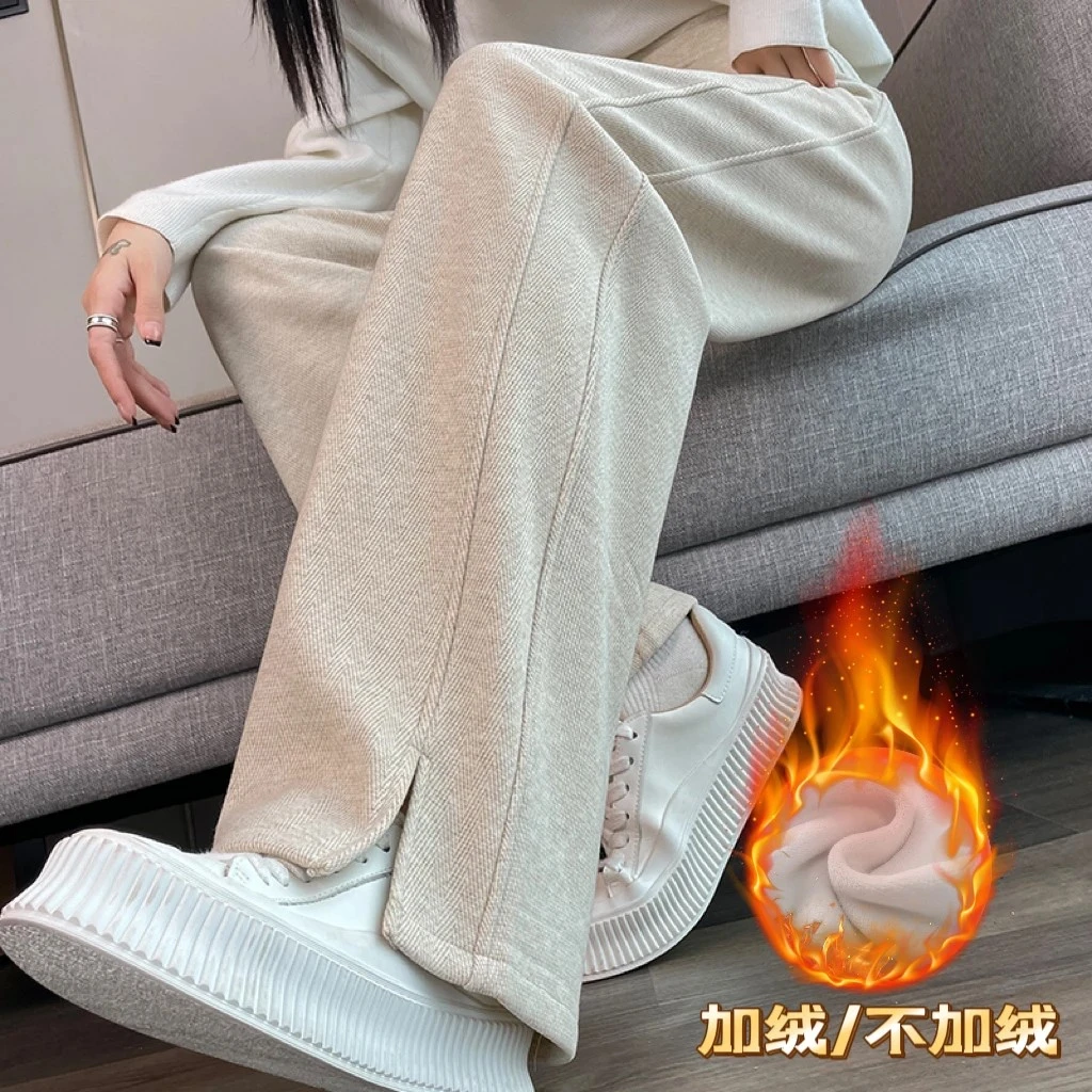 毛呢人字纹开又香蕉阔腿裤女九分大码加绒加厚直筒宽松休闲裤女
