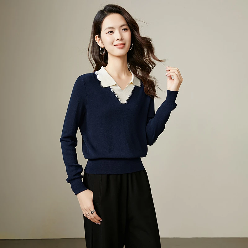 晚白【专享】2025上衣撞色翻领花边针织衫女24121666