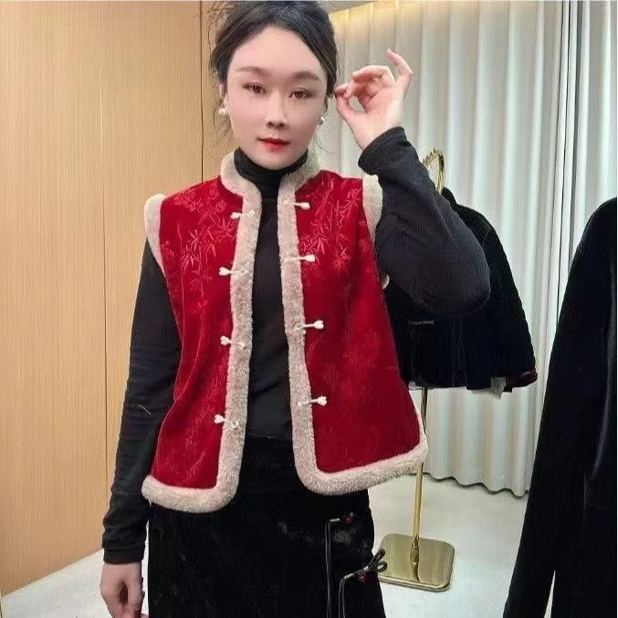 新中式旗袍马甲国风唐装复古加绒加 厚无袖中式外套马夹秋冬款