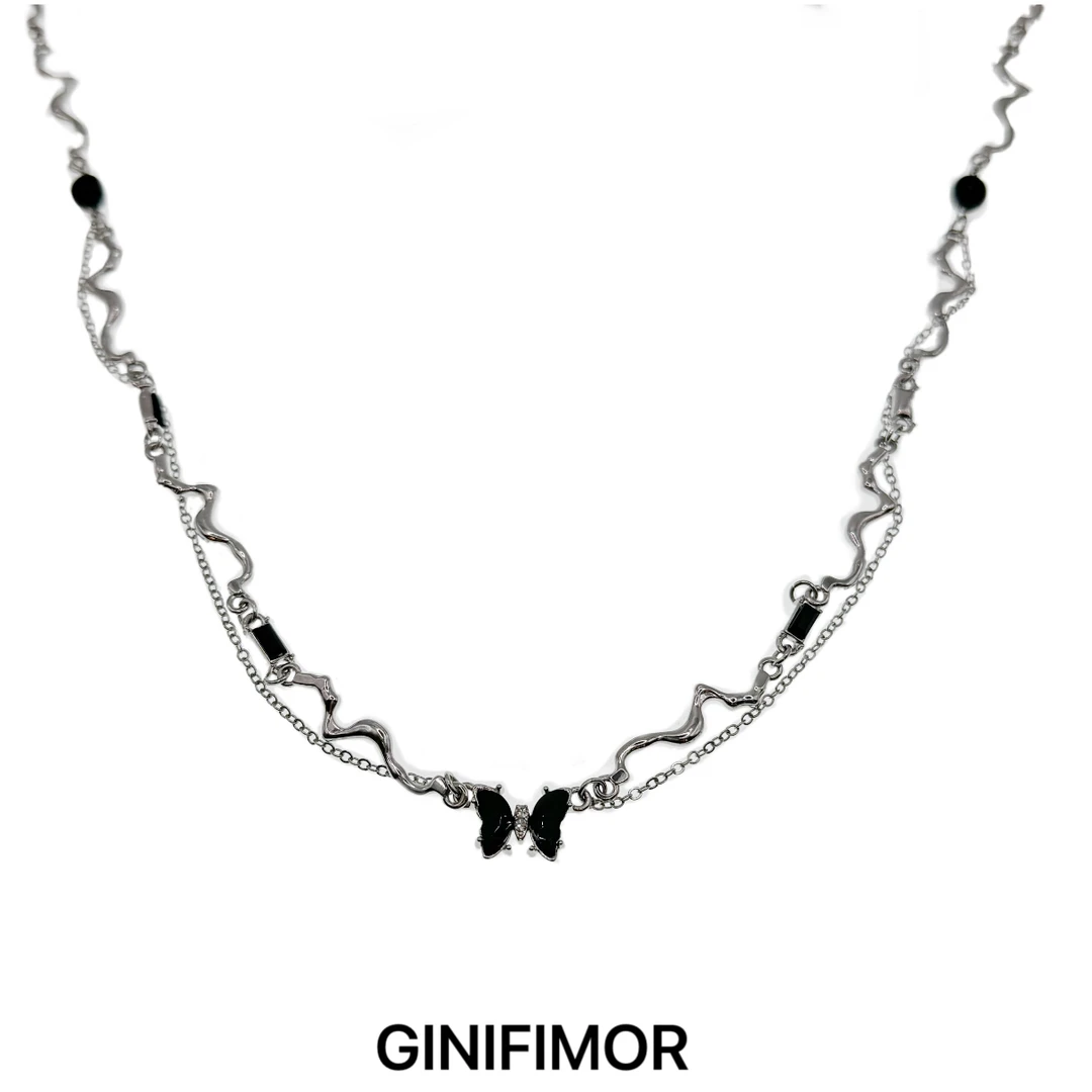 GINIFIMOR 铜合金项链 a774不对称蝴蝶流苏项链百搭气质锁骨链