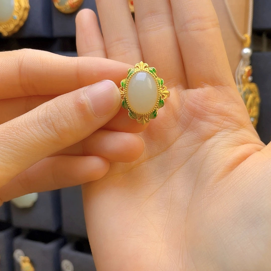 和田玉戒指银S925镀金镶嵌