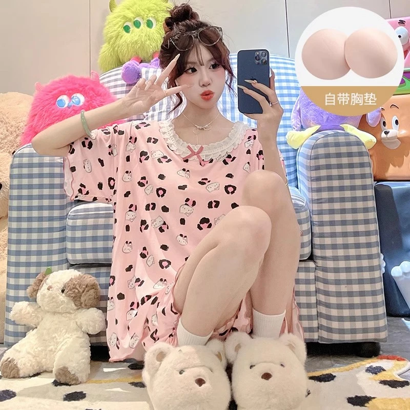 带胸垫睡衣女夏季薄款短袖螺纹棉可爱2025新款家居服两件套装小猫