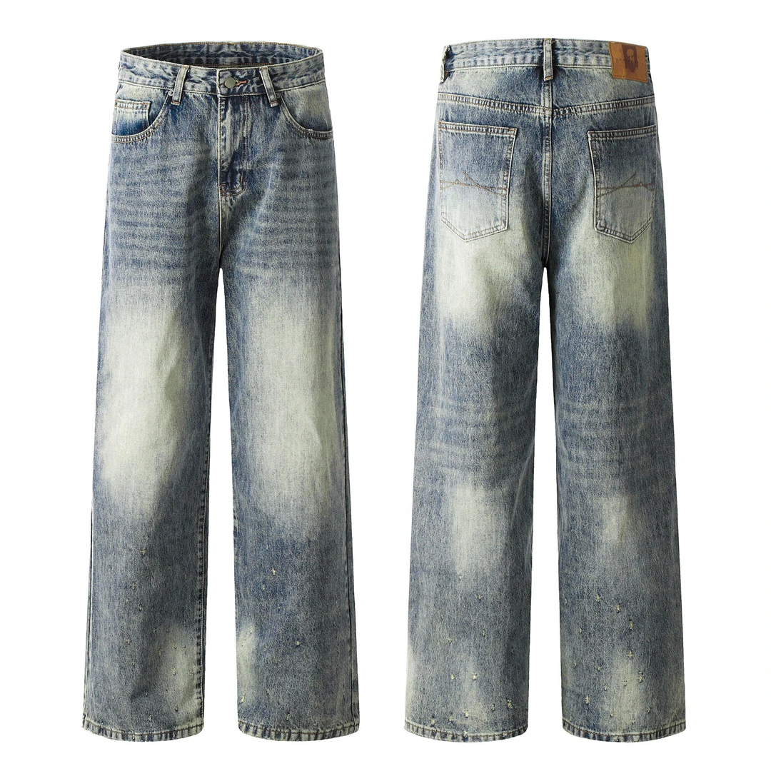 MKSN复古蓝色水洗cleanfit直筒牛仔裤男春夏季美式阔腿休闲长裤子
